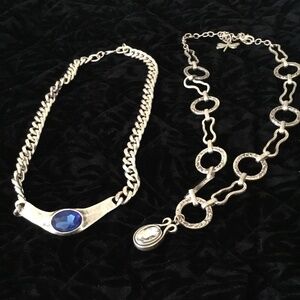 Blue Stone Pewter Necklace and Clear Crystal Pendant Multi Link Pewter Necklace